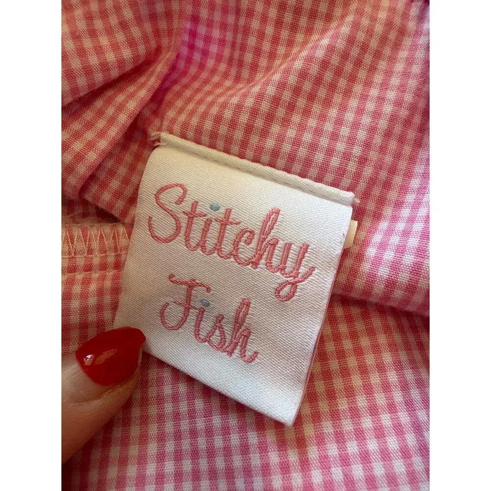 Stitchy Fish Baby Girl Pink Gingham Smocked Strawberry Bubble Romper Size 9M
